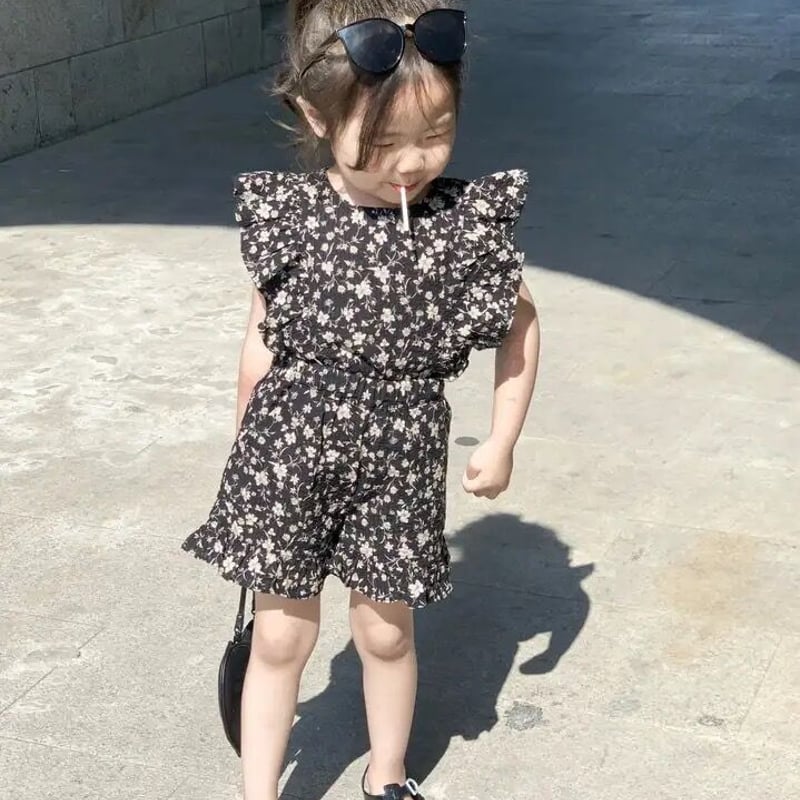 kids リボン付きブラック花柄ショルダーフリルセットアップ(3058 