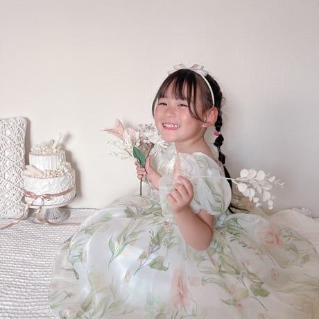 即納あり◆kids 4color Flower budsバックシャンパフスリーブシフォンドレス(547)
