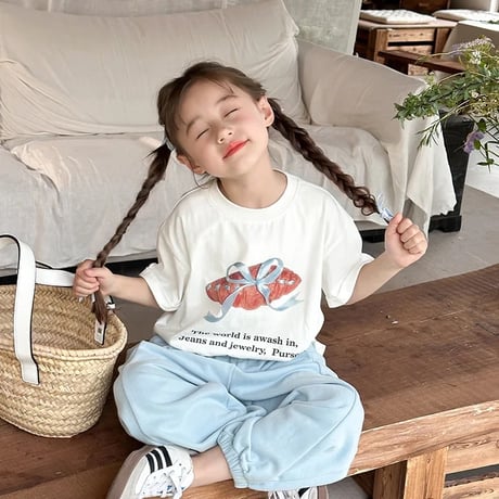 kids パステルブルーリボンブレッドtシャツ(4130)