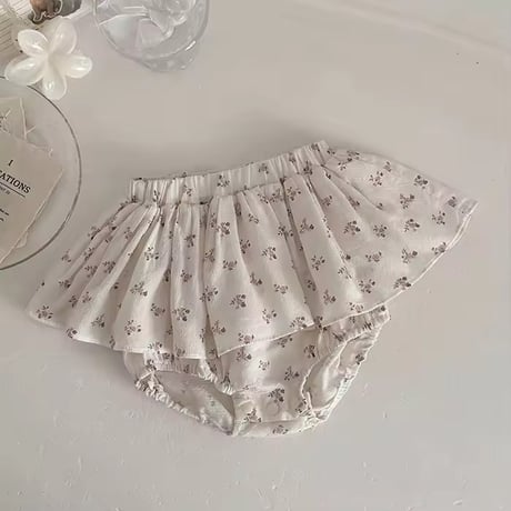 pinkリブノースリーブ×小花柄スカートブルマセットアップ(2221)