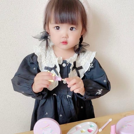 即納あり◆姉妹お揃いブラックリボンレースロンパースorワンピース(2311)