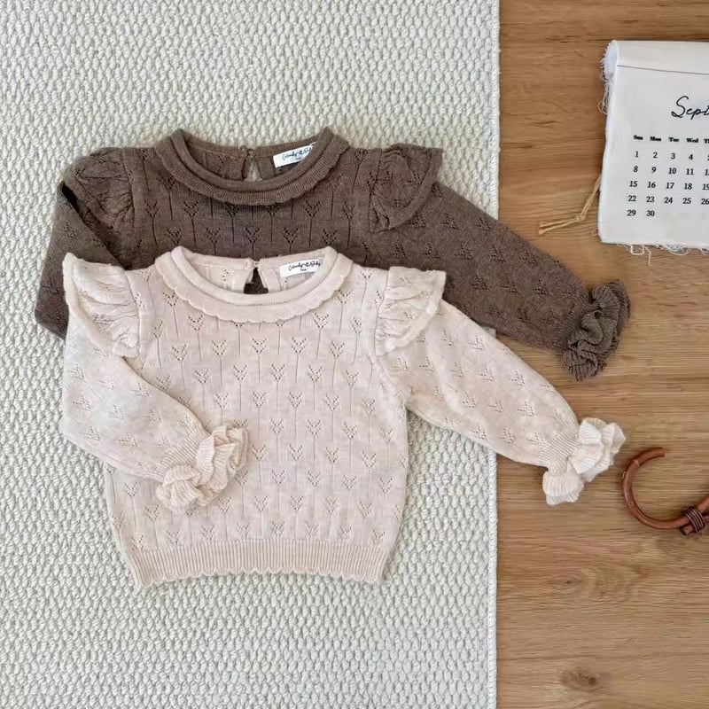 momo coffee/light pink透かし編みフリルニットブラウス(1134) | こ