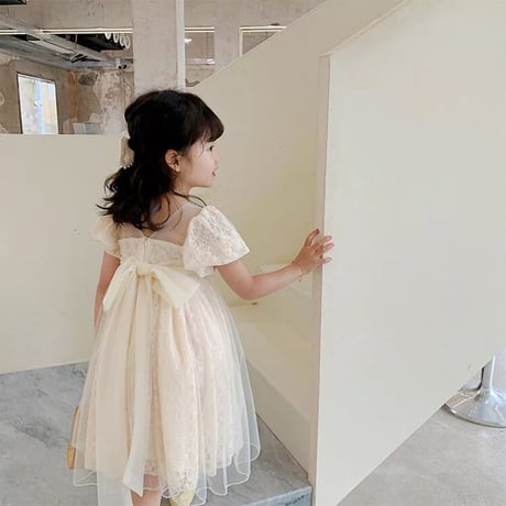 kids 総レースチュールパフスリーブネックレス付きドレス(2433)