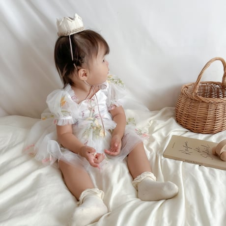 8color flower gardenショートスリーブリボンチュールロンパースドレス(894)