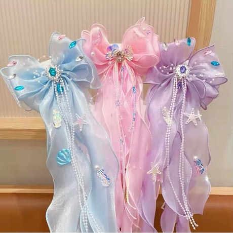 6color キラキラパーツリボンチュールヘアクリップ(930)