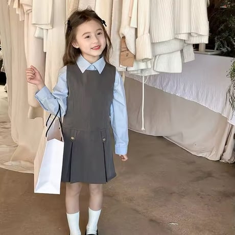 即納あり◆kids タイトプリーツジャンパースカートorブルーシャツ(1115)