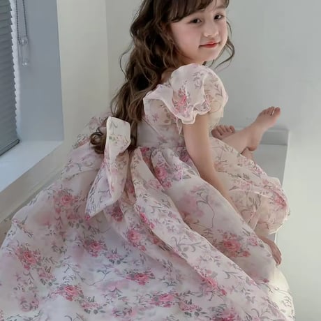 kids アシンメトリーピンクフローラルシフォンドレス(1544)