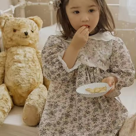 kids black/beigeフローラルフロントレースワンピース(1722)