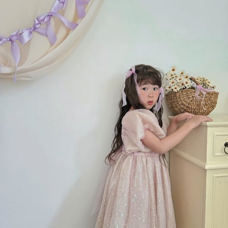 kids pink/champagne スパンコールパフスリーブドレス(638)