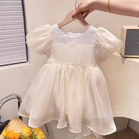 kids サテン生地ネックオーロラパフスリーブドレス(325)