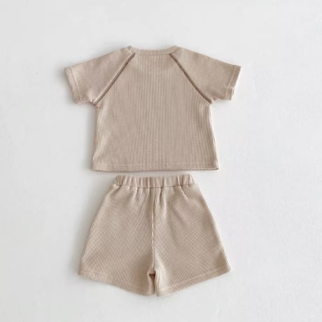 beige/brown ワッフル生地くまイラストセットアップ(1297)