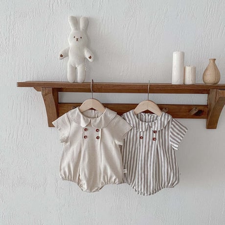 linen / stripeシンプルボタンロンパース(4144)