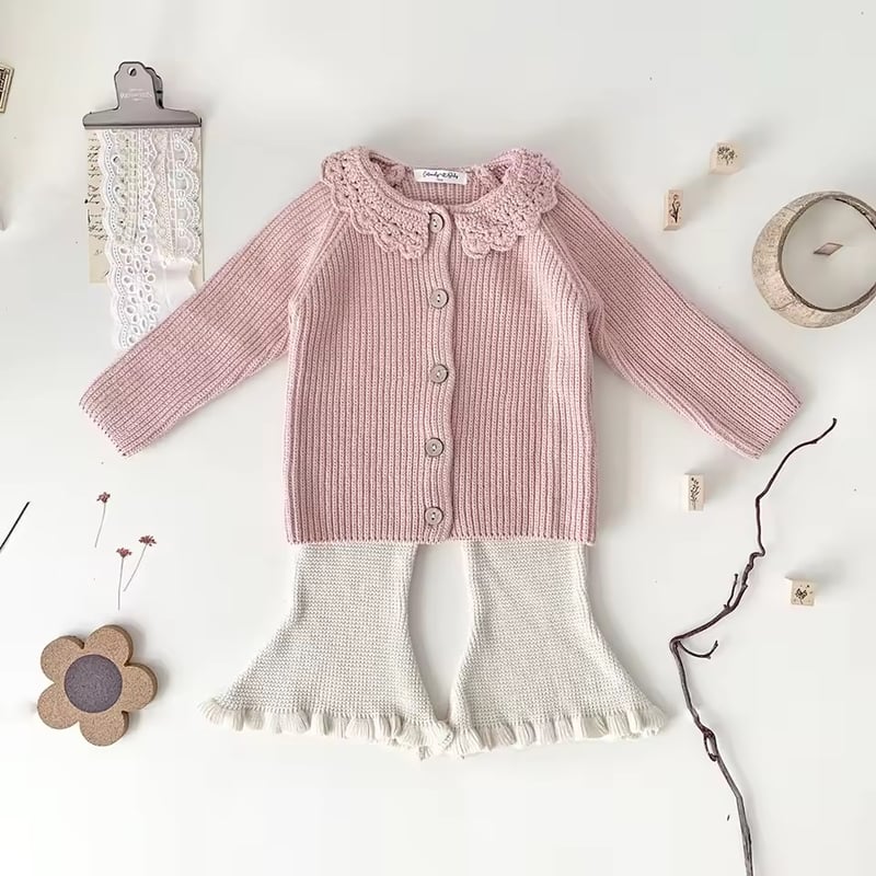 white/pink かぎ針編み襟ニットカーディガン(2021) | こどもふく