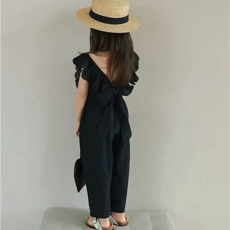 kids black/cream バックシャンショルダーコットンフリルセットアップ(1244)