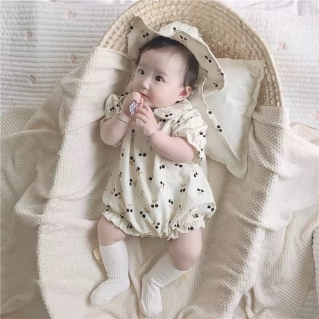 帽子付きチェリーフラワー襟付きロンパース(1113)
