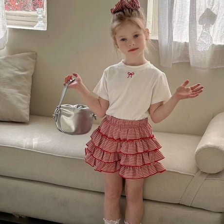 kids red/navy プチリボンTシャツ×チェックフリルキュロット(1278)