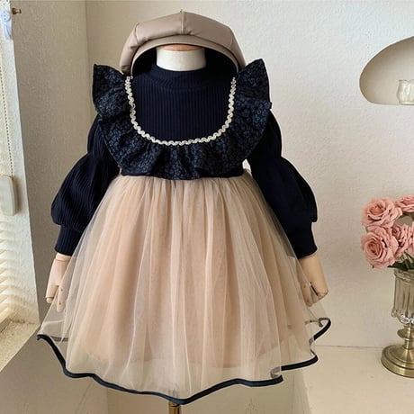 kids black × beigeバイカラーwinterドレス(3351)