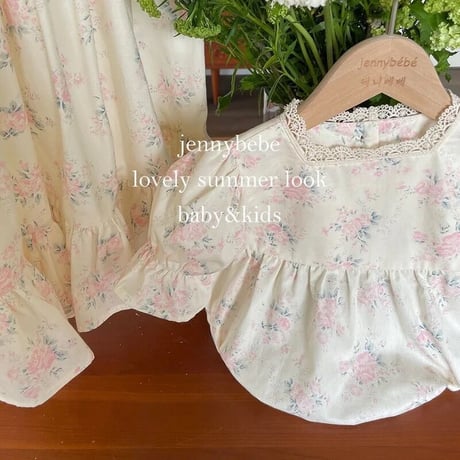 jennybebe ママ姉妹お揃いヴィンテージピンクローズロンパースorワンピース(2556)