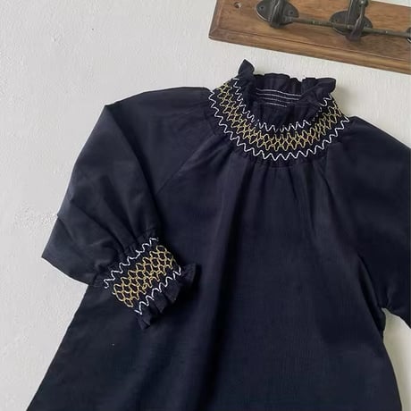 green/navy 姉妹お揃い立て襟刺繍ロンパースorワンピース(4184)
