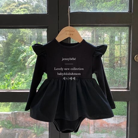 即納あり◆jennybebe ママとお揃いblack shoulder frill ロンパースorワンピース(3253)