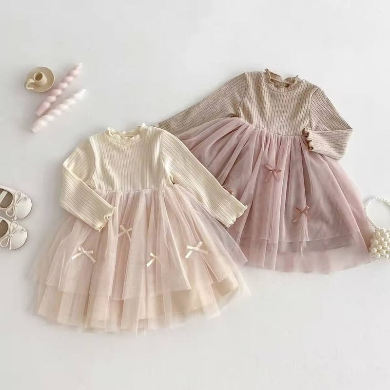 kids くすみカラーリブ×リボンチュールワンピース(814) | こどもふく