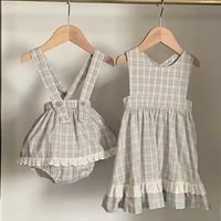 姉妹お揃いペールチェックノースリーブワンピースorスカートブルマサロペット(1395)