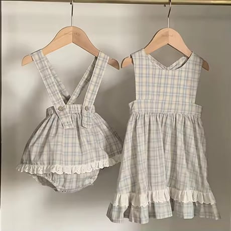 姉妹お揃いペールチェックノースリーブワンピースorスカートブルマサロペット(1395)