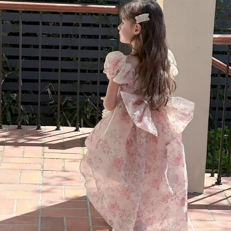 kids アシンメトリーピンクフローラルシフォンドレス(1544