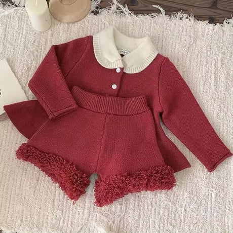 beige/red ペプラムニットショートパンツセットアップ(835)