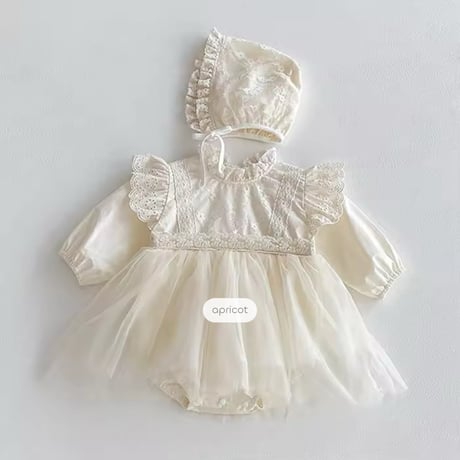 white/apricot ボンネットsetセレモニーレースドレスロンパース(983)