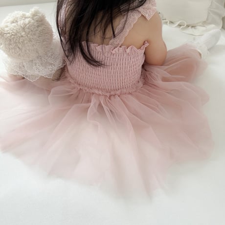 即納あり◆ivory/pink コットンリボンシャーリングチュールロンパース(1233)
