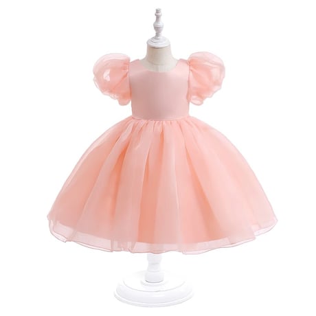即納あり◆kids 4color Flower budsバックシャンパフスリーブシフォンドレス(547)