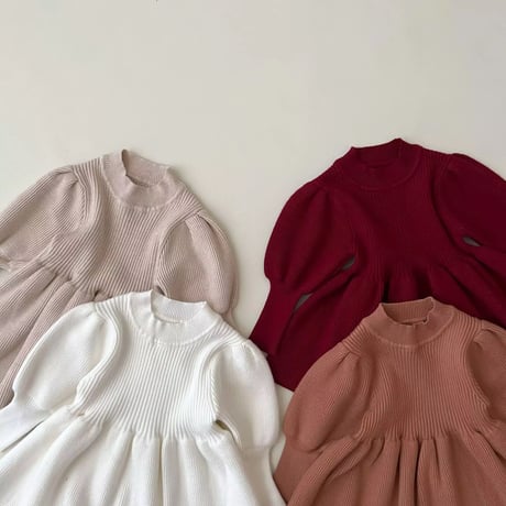 4color くすみ暖色カラーぽわん袖ニットワンピース(2320)