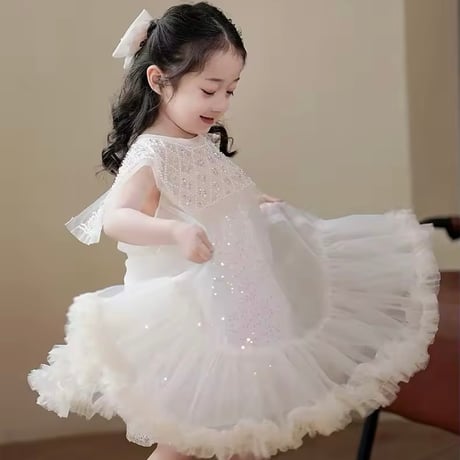 kids スクエアネックビジュー×スパンコールドレス(370)