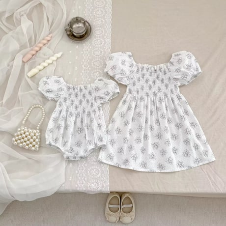 姉妹お揃いフラワーソフトカラーシャーリングワンピースorロンパース(1469)