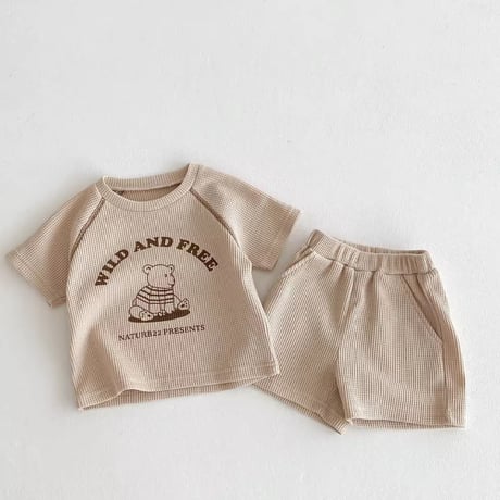 beige/brown ワッフル生地くまイラストセットアップ(1297)