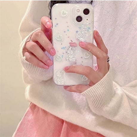 3Dクリスタルくま×パールハート×スパンコールクリアiPhoneケース(295)