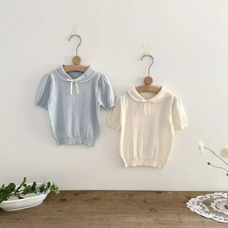 kids ice blue/ivory サマーニットアイレットブラウス(2201)