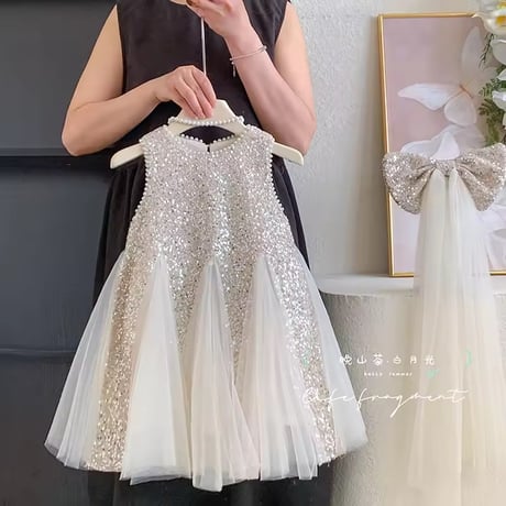 kids champagneノースリーブスパンコールAラインチュールデザインドレス(2103)