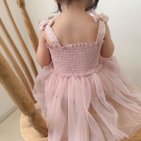 即納あり◆ivory/pink コットンリボンシャーリングチュールロンパース(1233)