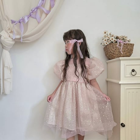 kids pink/champagne スパンコールパフスリーブドレス(638)