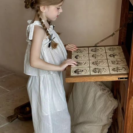kids シフォンストライプショルダーリボンセットアップ(1302)