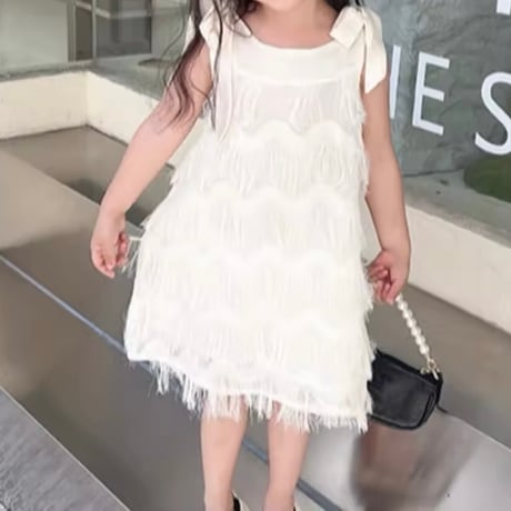 kids フリンジショルダーリボンAラインワンピース(861)