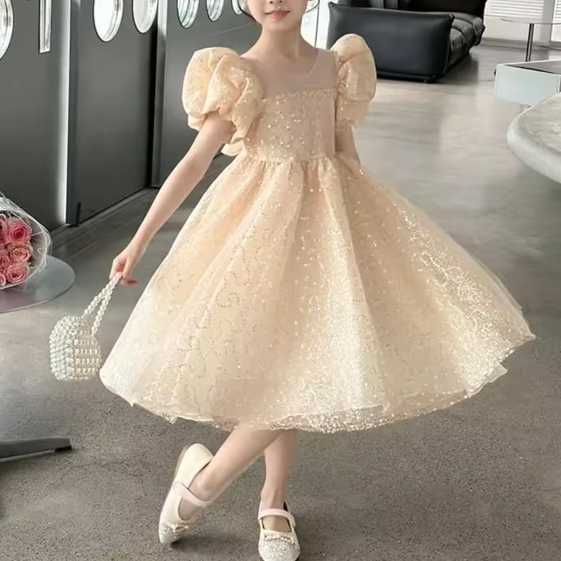 kids pink/champagne スパンコールパフスリーブドレス(638 kids pink/champagne スパンコールパフスリーブドレス(638