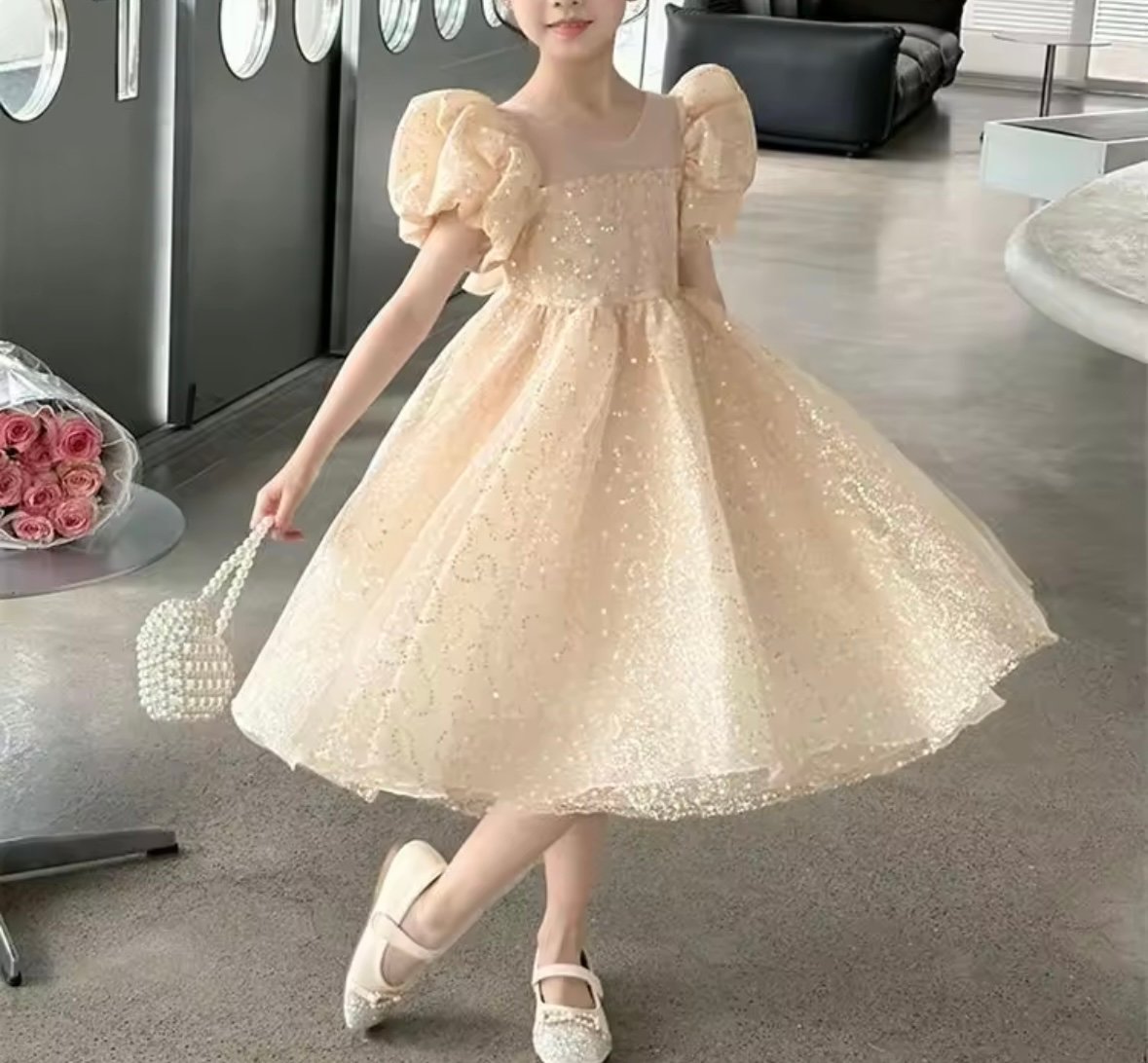 kids pink/champagne スパンコールパフスリーブドレス(638 kids pink/champagne スパンコールパフスリーブドレス(638