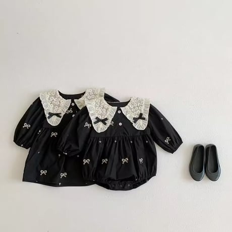 即納あり◆姉妹お揃いブラックリボンレースロンパースorワンピース(2311)