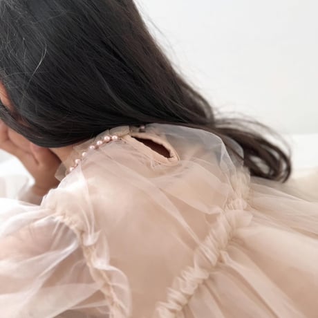 kids pink beige袖チュールドレス(3222)