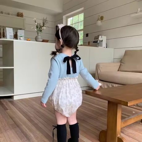 jennybebe 姉妹お揃いbackブラックリボンフラワー切替ロンパースorワンピース(1118)