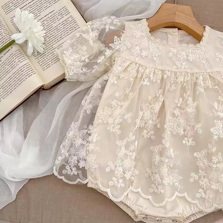 シースルーレースフラワー刺繍スカートロンパース(2254)