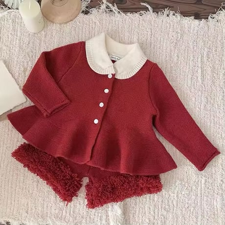beige/red ペプラムニットショートパンツセットアップ(835)